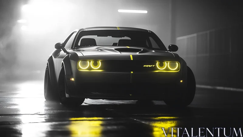 Low-key frontal view of widebody muscle car with yellow LED halos