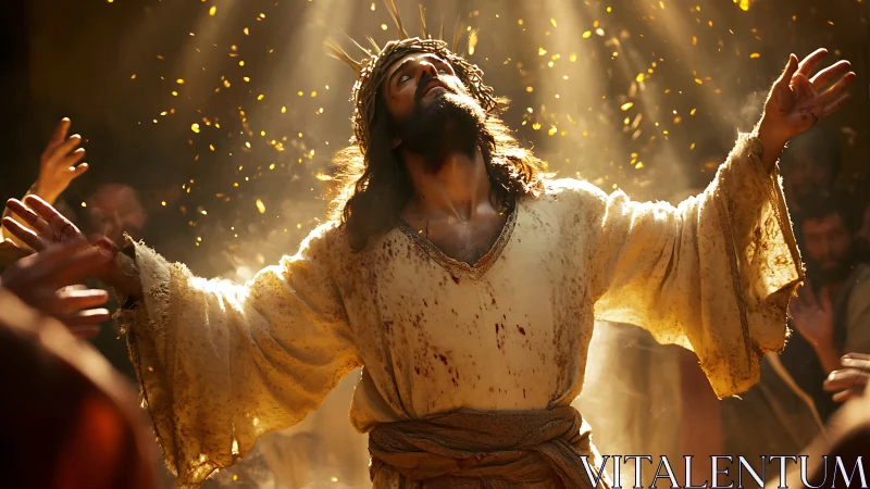Radiant robed figure uplifted in golden, divine light.