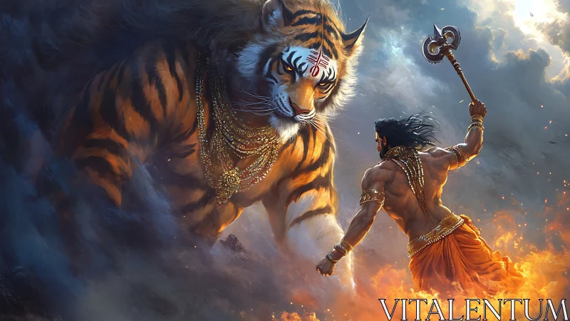Colossal tiger deity bends storm and flame toward a lone warrior