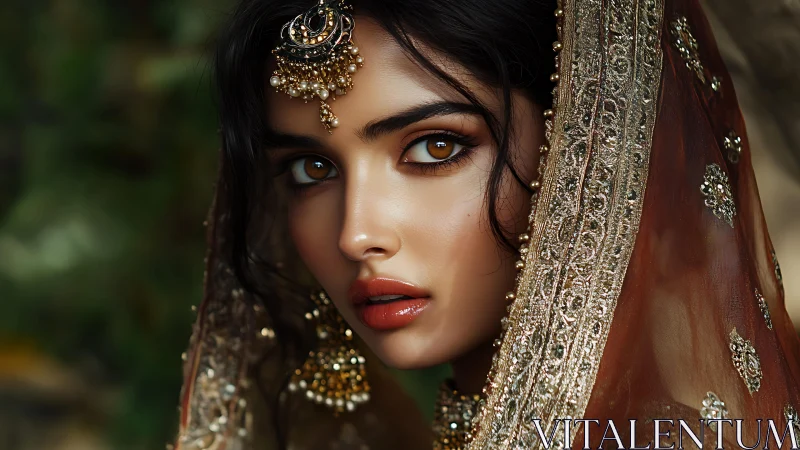Bridal portrait closeup with ornate embroidered dupatta and jewelry