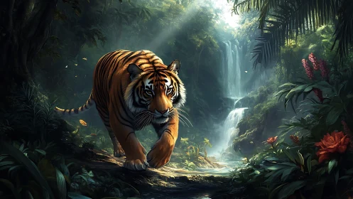 Majestic tiger advances through humid rainforest toward waterfall