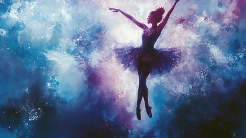 Silhouetted ballet dancer extends arms in abstract nebula field