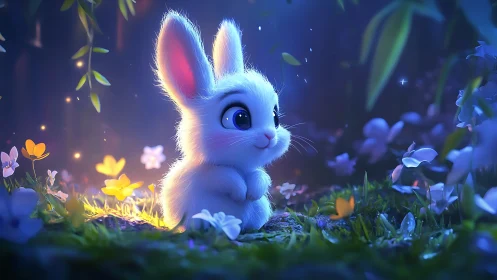 Tiny moonlit bunny glowing softly in a dreamy forest.
