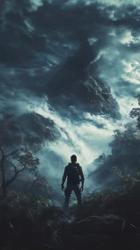 Lone traveler facing stormy mountain in dense foggy valley.