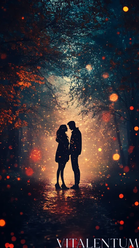 Couple Kiss Under Glowing Bokeh Lights in Dark Forest