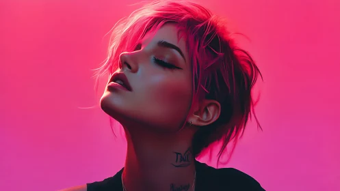 Digital painting portrait in neon magenta gradient lighting.