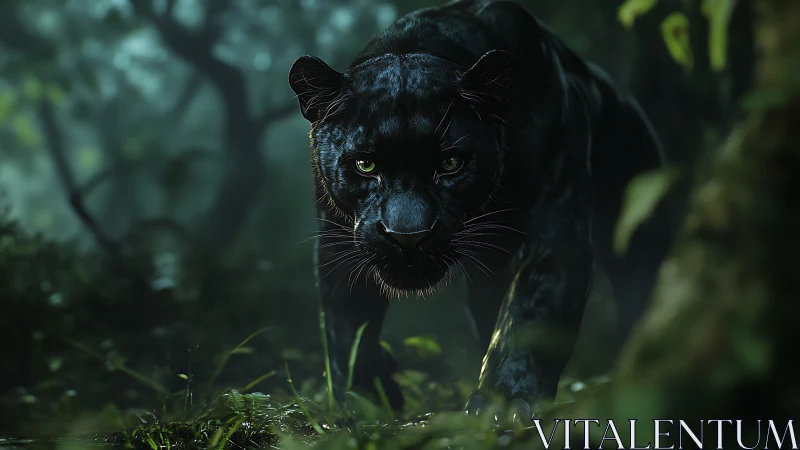 Black Panther Emerges Through Misty Jungle Undergrowth
