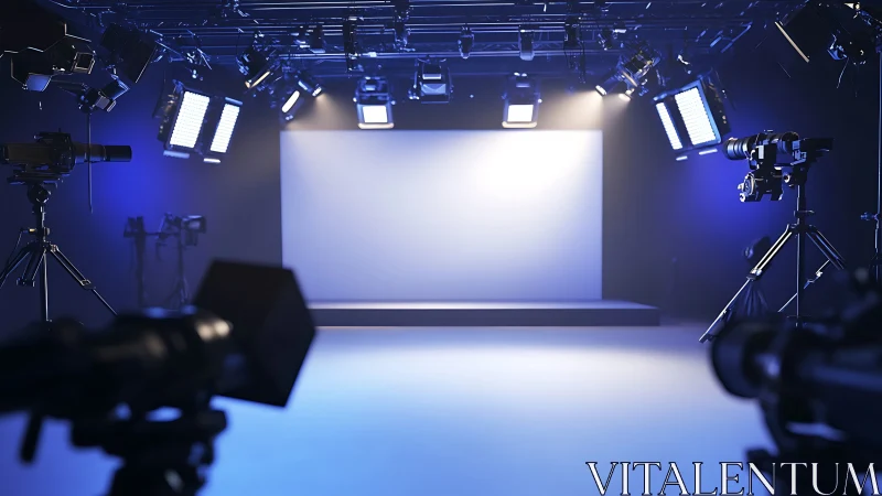 Television production studio with empty lit presentation stage.