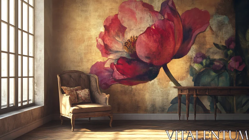 Sunlit reading nook wrapped in bold blooming florals.