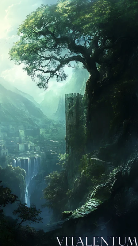 Ancient stone tower stands beneath a vast cliffside tree