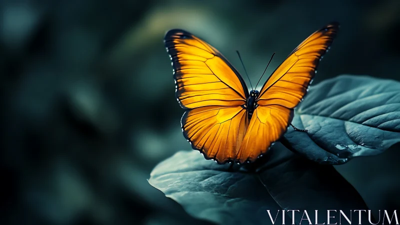 Orange butterfly on leaf with soft-focus dark foliage backdrop.