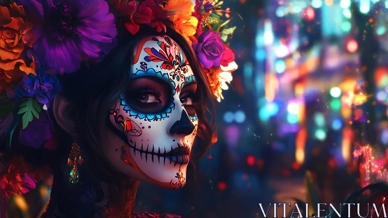 Dia de Muertos spectral portrait with luminous bokeh cascade.