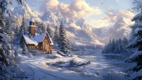 Snow covered cabin by frozen river in alpine valley.