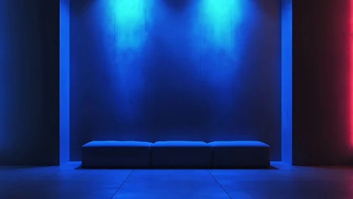 Chromatic bench in blue volumetric wash with red edge accent.