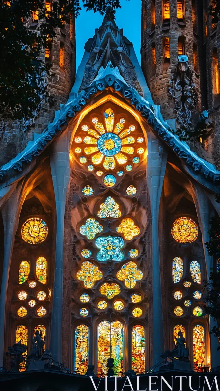 Illuminated stained glass facade of a large historic basilica.