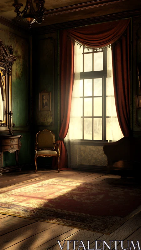 Sunlit vintage parlor interior with ornate classical d&eacute;cor.