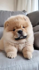 Fluffy couch companion, a chubby chow chow puppy relaxing.