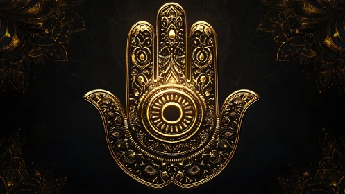 Gold ornate hamsa hand symbol on dark floral background.