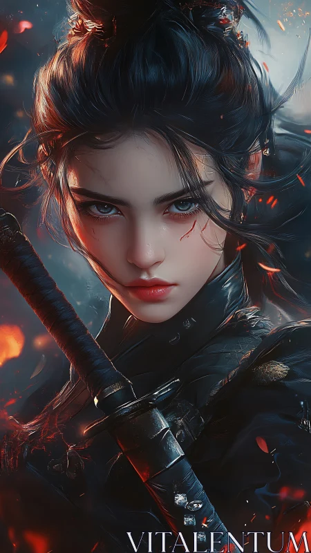 Stoic warrior woman stands amid sparks and swirling embers.