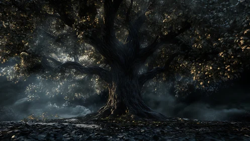 Ancient forest tree catches low golden shafts of light.
