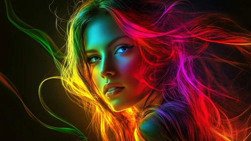 Digital portrait with multicolored luminous flowing hair.