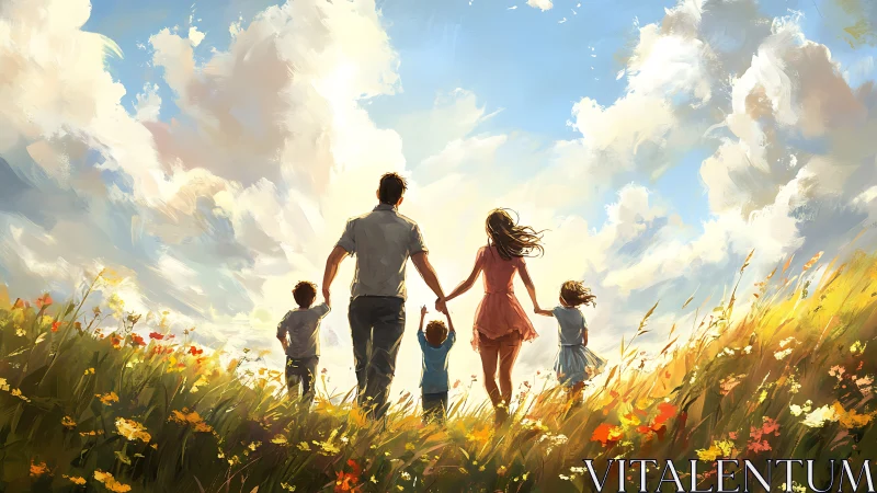 Family Walking Through Wildflower Field Composition.