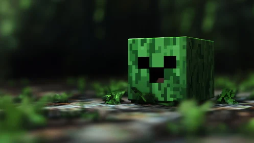 Voxel creeper head in shallow depth-of-field forest scene.