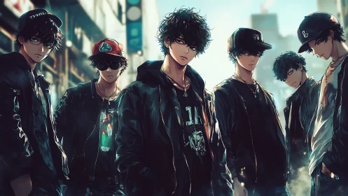 Streetwear anime boys standing in dramatic city light.