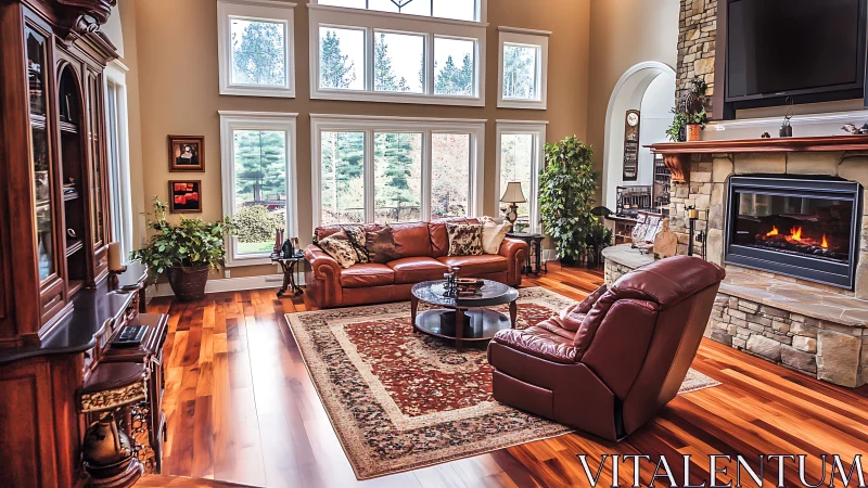 High-ceiling living room with panoramic glazing and hearth focus.