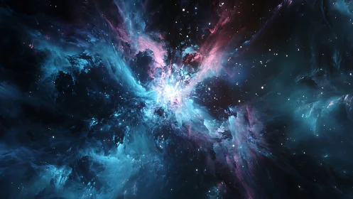 Colorful deep space nebula with bright central light source.