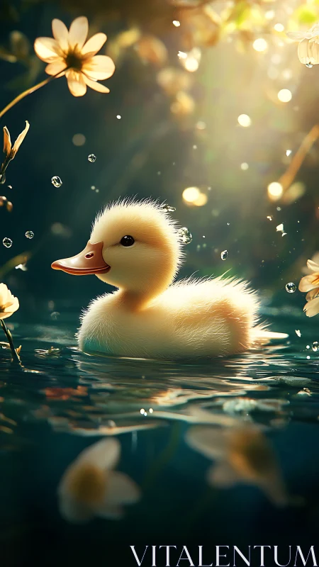 Golden duckling glides through sunlit floral pond scene