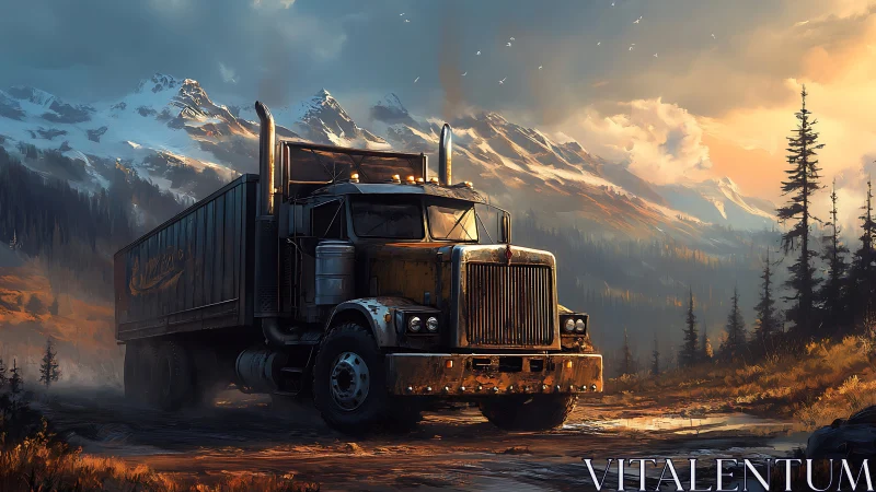 Mountain dusk crowns a lone diesel titan with molten light