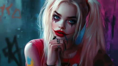 Punk clown girl portrait under neon graffiti glow.