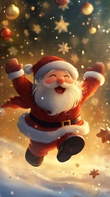 Santa Claus character jumps joyfully in glowing snow