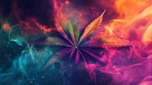 Nebula-tinted cannabis leaf drifts through chromatic cosmic haze