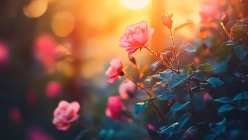 Golden Hour Garden. Pink Roses Bathed in Warm Sunset Light.