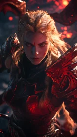 Volcanic-lit warrior in infernal red plate armor.