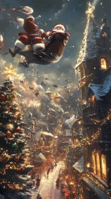 Skyline sleigh ride over lantern-bright Christmas village.