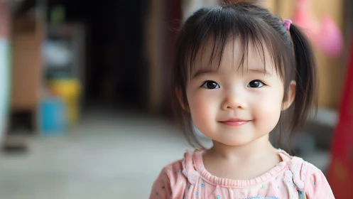 Young Child Smiling Warmly in Soft Indoor Light.