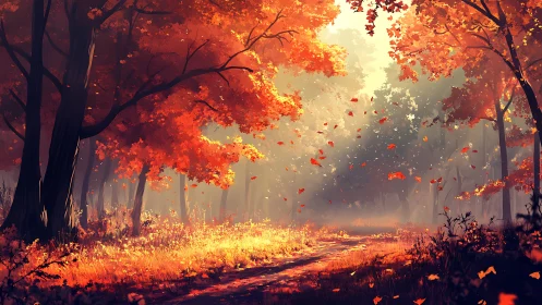Autumn Forest Ablaze With Falling Leaves and Golden Light