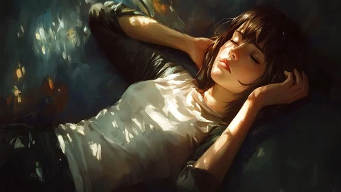 Young woman resting in warm sunlight on soft cushions.