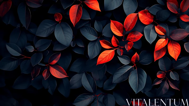 Red leaves stand out against dark, desaturated foliage background
