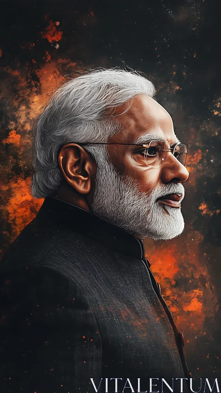 Profile portrait of mature man in suit against dark abstract.