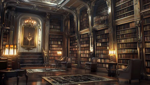 Grand baroque library interior with warm lamplight glow.