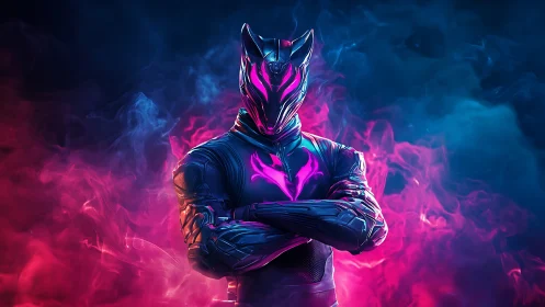 Neon fox knight folds his arms inside stormy vapor halos