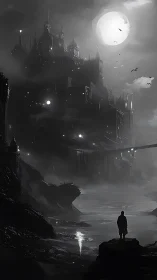 Wanderer gazes toward a moonlit gothic riverside city.