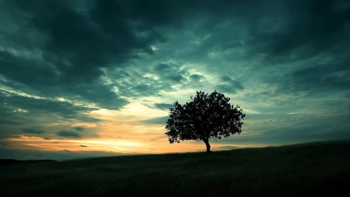 Solitary tree on hill at dramatic sunset, moody landscape photo.
