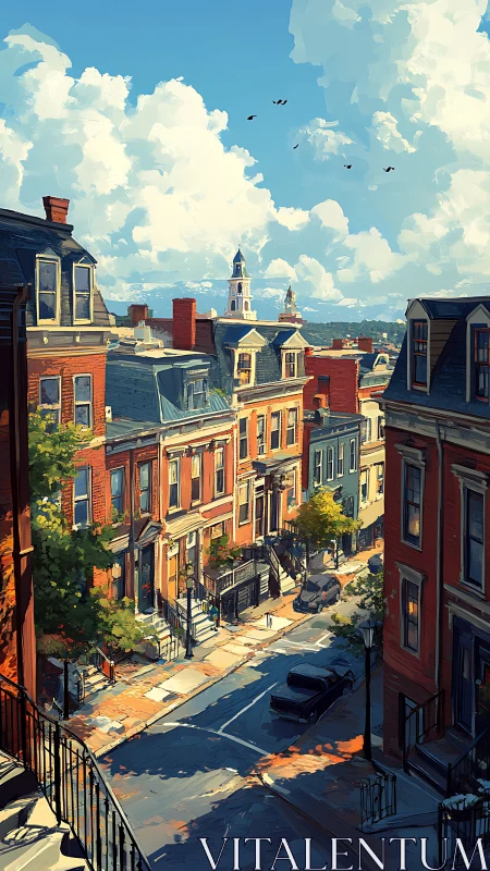 Colorful historic city street under bright summer sky.