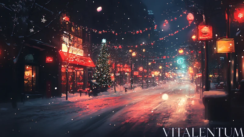 Snowy city street glowing with cozy holiday lights at night.