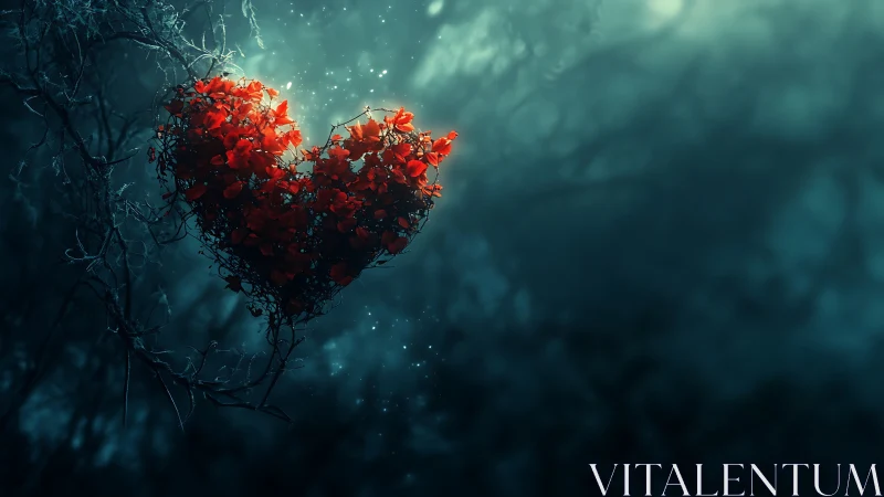 Radiant Scarlet Heart Suspended in Ethereal Teal Atmospheric Gradient